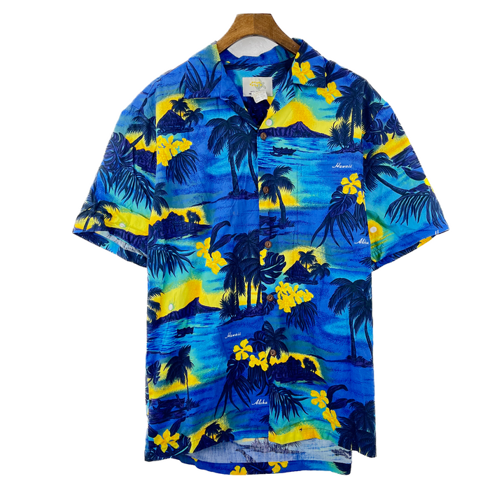 Vintage Hawaiian Blue Tropical Print Button Up Collar Shirt Blue Size Medium