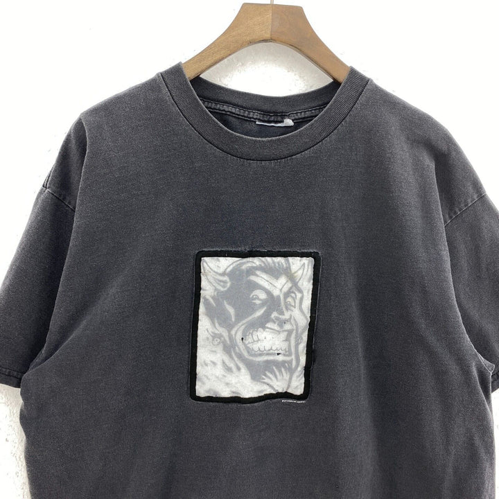Vintage Devil Face Art Print T-shirt Size M Black