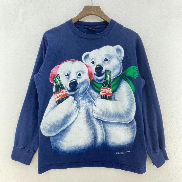 Vintage Coca Cola Polar Bear Navy Blue Long Sleeve T-shirt Size M Kids