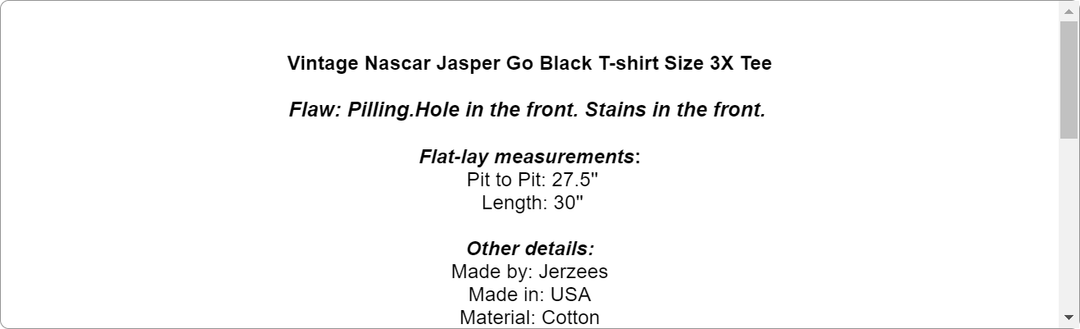Vintage Nascar Jasper Go Black T-shirt Size 3X Tee