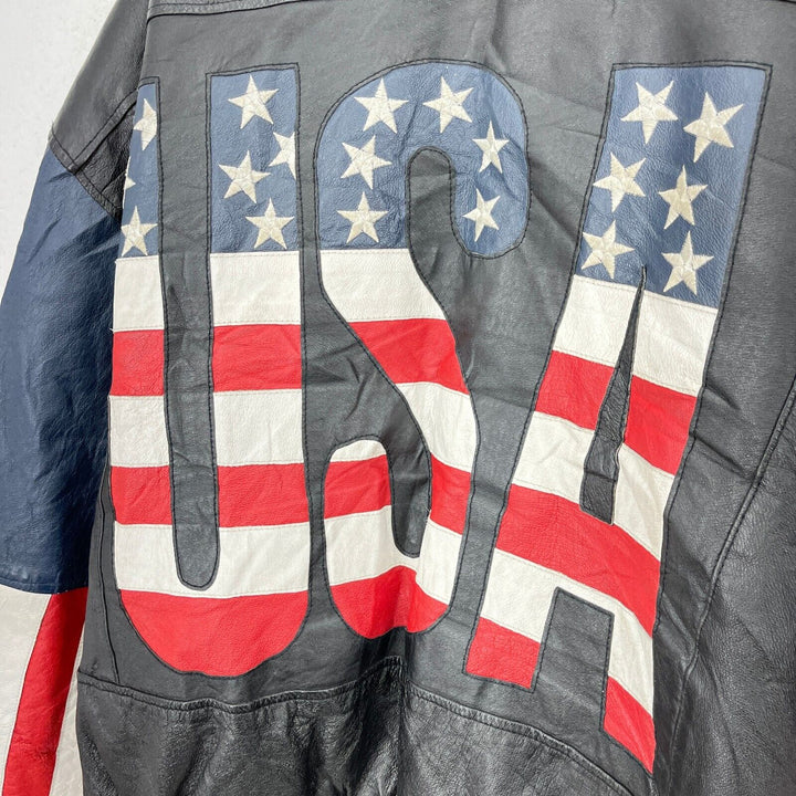 Vintage USA Flag Black Leather Full Zip Jacket Size XL
