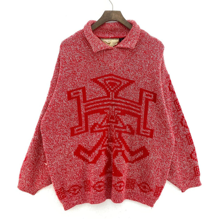 Vintage Tribal Print Red Collared Knit Sweater Size L