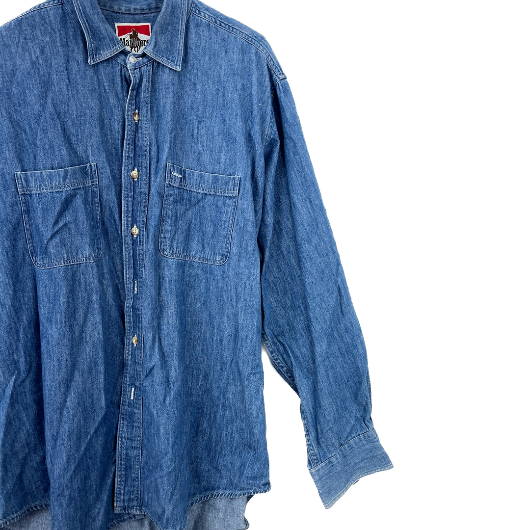 Vintage Marlboro Western Cowboy Style Blue Denim Long Sleeve Button Up Shirt XL
