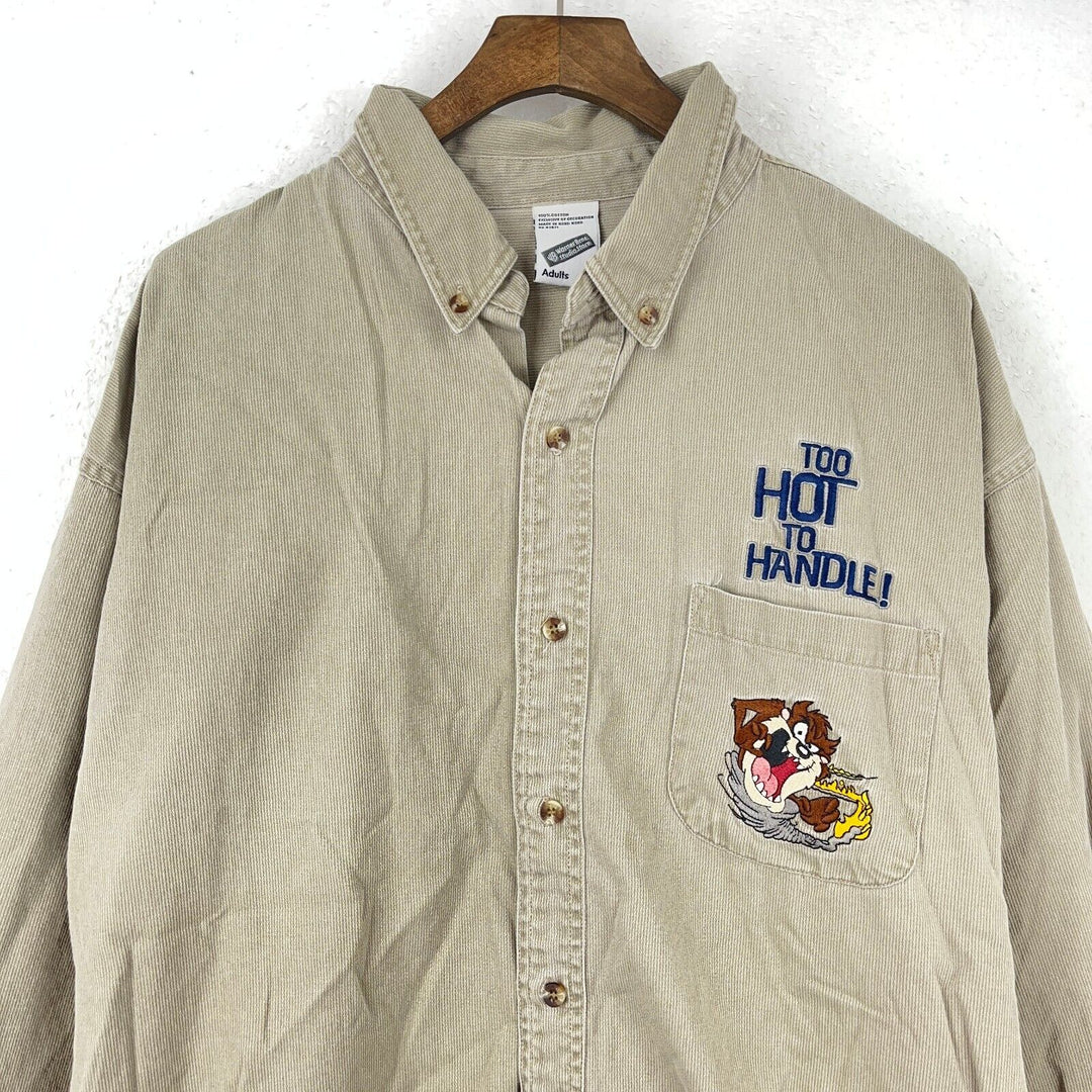 Vintage WB Too Hot To Handle The Tasmanian Devil Button Up Beige Shirt Size XL