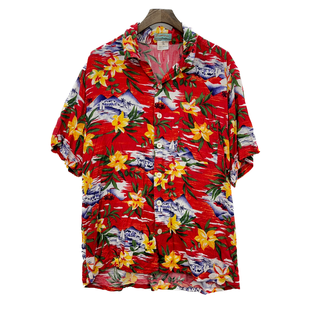 Vintage Hawaii Floral Button Up Red Shirt Size XL Resort