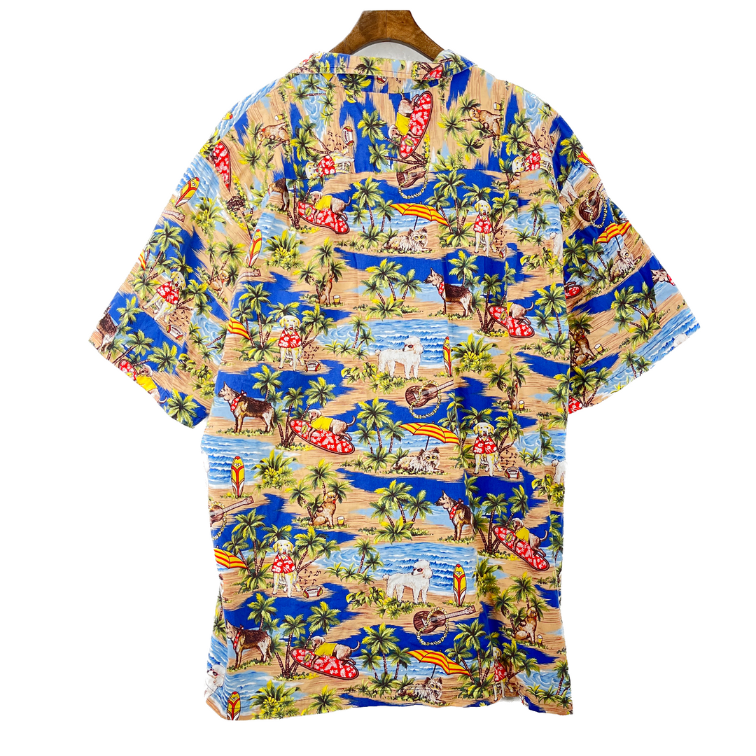 Vintage Hawaiian Tropical Beach Print Collar Button Shirt Made in USA Size 2XL