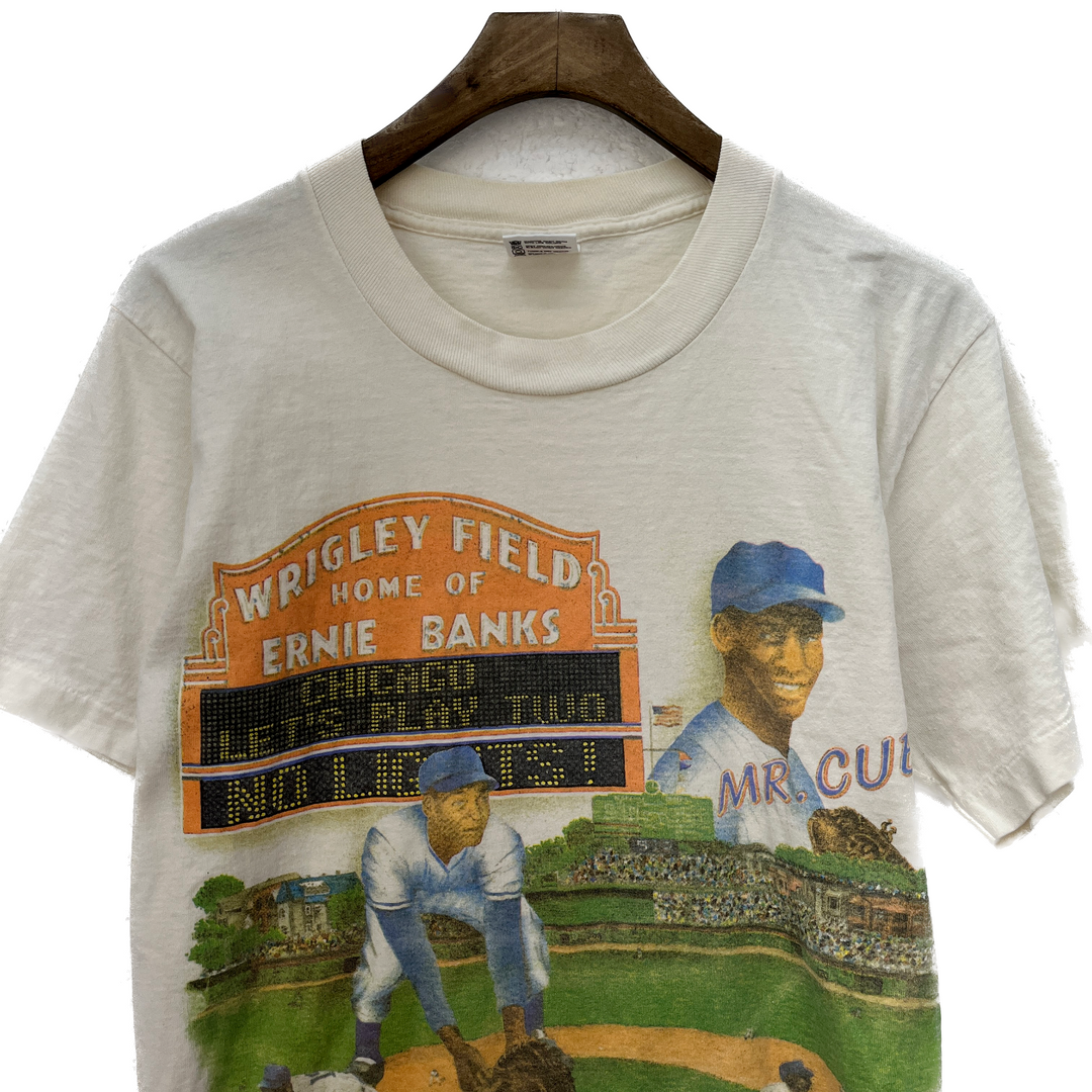 1992 Ernie Banks Chicago Cubs Stats Vintage T-shirt Size M White Single Stitch