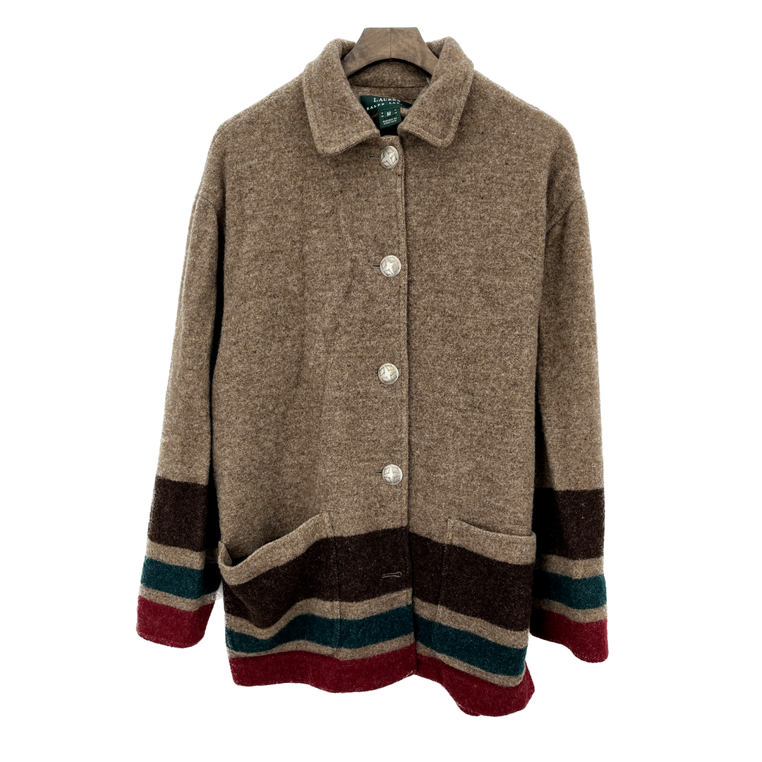 Vintage Ralph Lauren Button Up Wool Striped Hem Brown Jacket Size M Women's