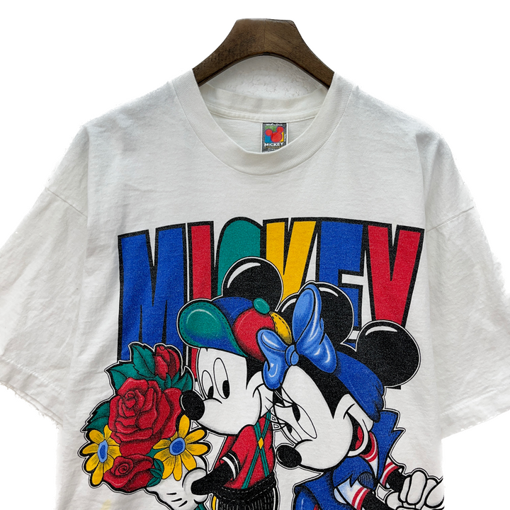 Vintage Mickey Minnie Mouse Flowers Graphic Print White T-shirt Size M
