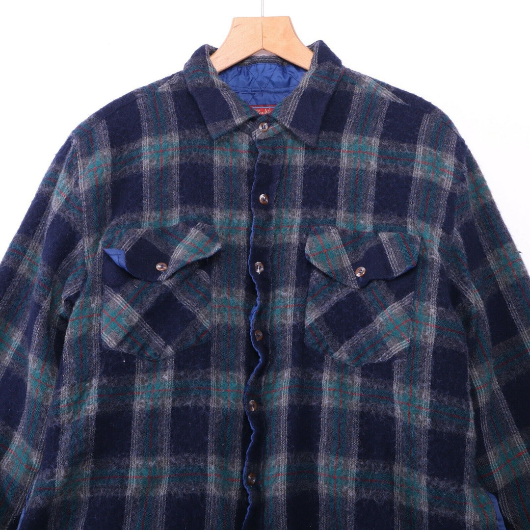Vintage Wool Blend Plaid Pocket Shirt Blue Size XL Insulated 90s