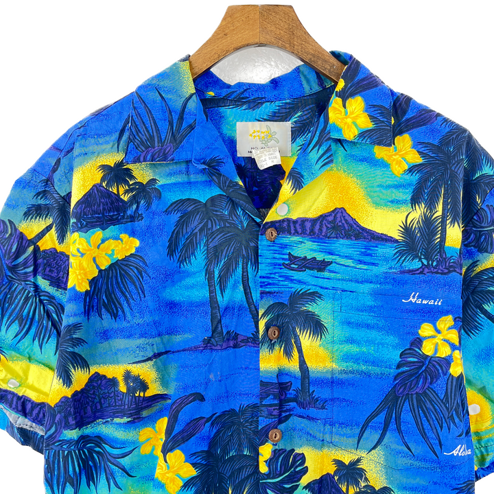 Vintage Hawaiian Blue Tropical Print Button Up Collar Shirt Blue Size Medium