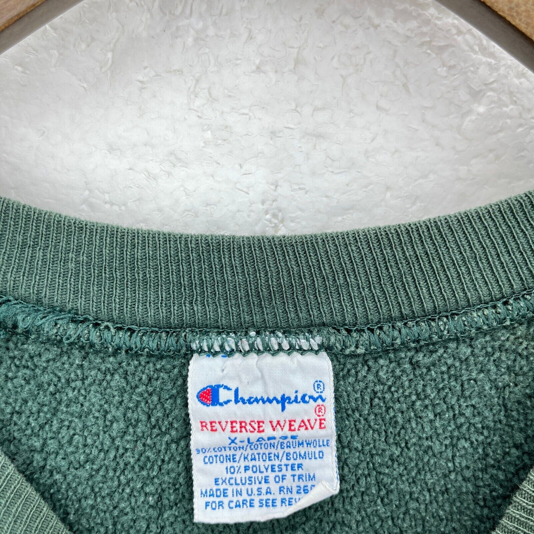Vintage Champion Reverse Weave Crew Neck Logo Green Sweatshirt Size XL