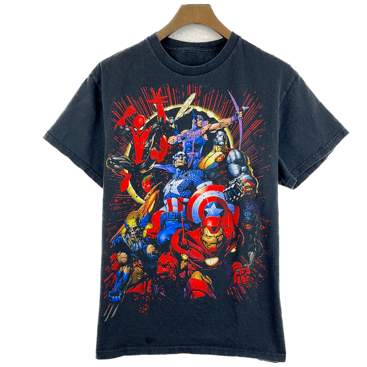 Vintage Marvel Spider-Man Captain America Iron Man Black T-shirt Size S