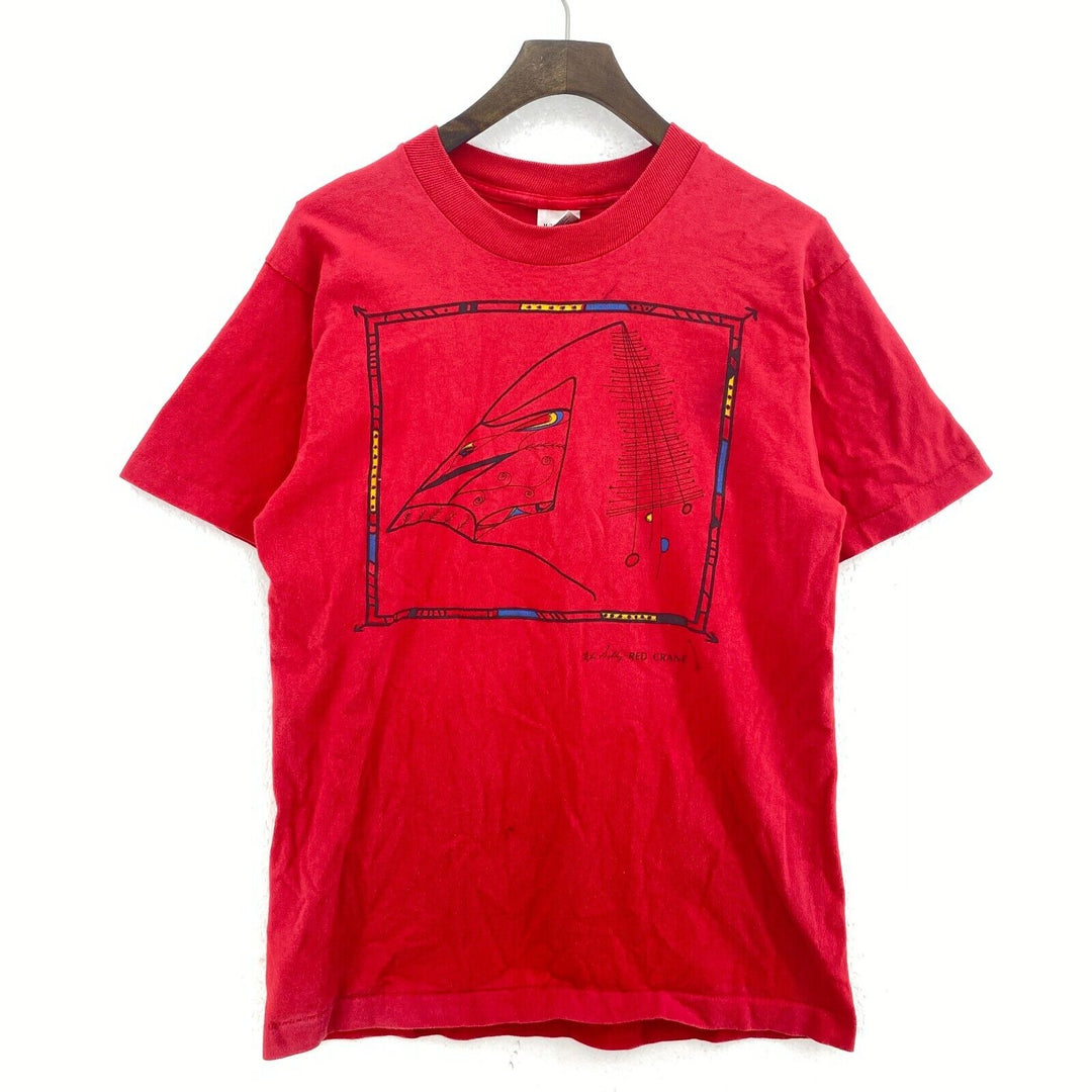 Vintage Red Crane Art Print Red T-Shirt Size M Single Stitch