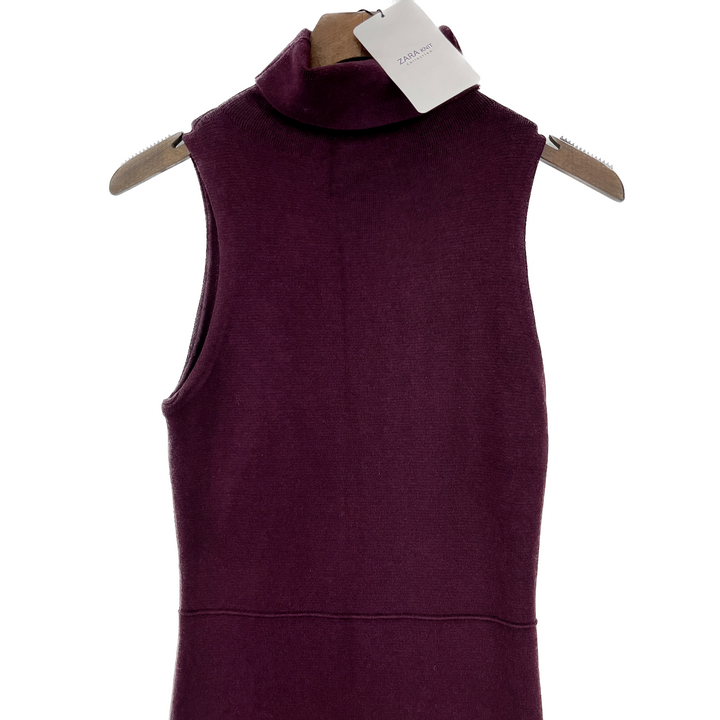 Zara Turtle Neck Sleeveless Knit Fitted Burgundy Midi Dress Size L NWT