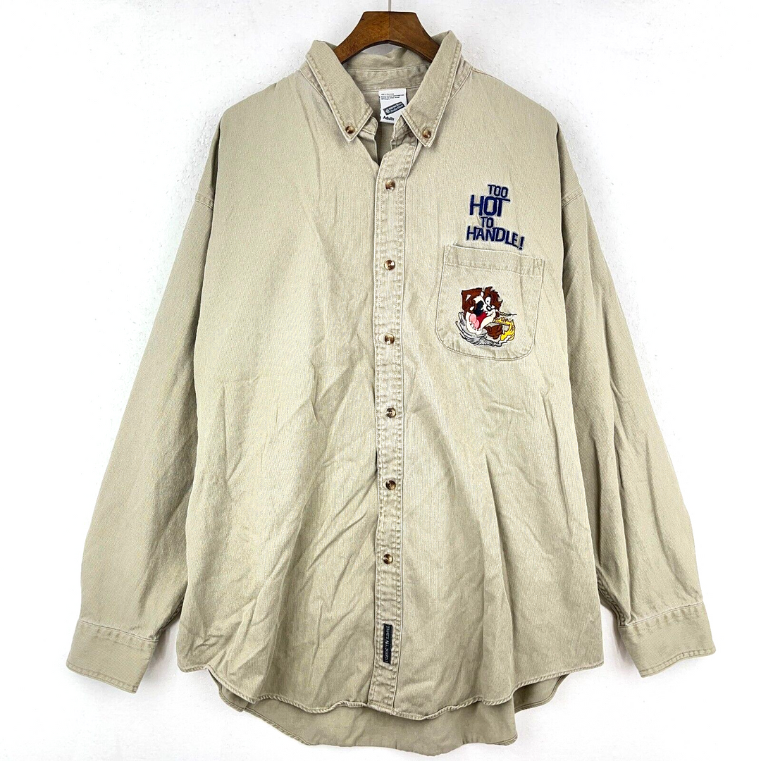 Vintage WB Too Hot To Handle The Tasmanian Devil Button Up Beige Shirt Size XL