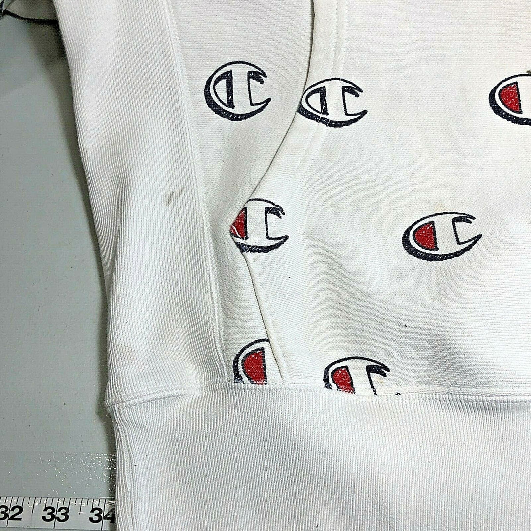 Champion Vintage Logo All Over Print White Hoodie Size S 90s