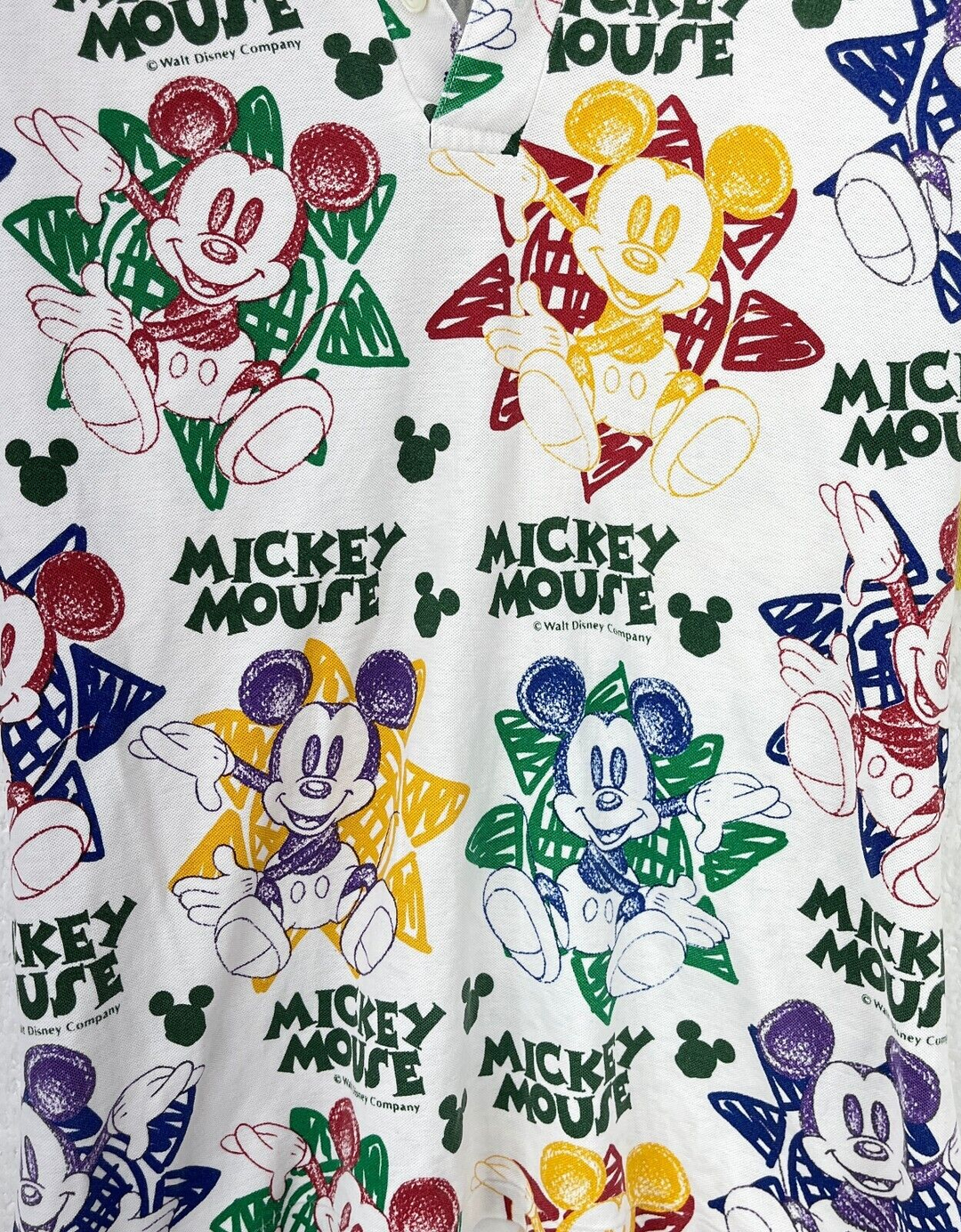 Vintage Walt Disney Mickey Mouse All Over Print White Polo T-shirt Size S
