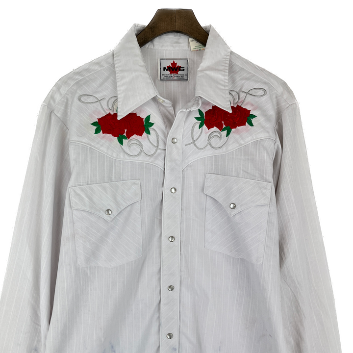 Vintage MWG Rose Floral Embroidered Pearl Snap White Shirt Size L