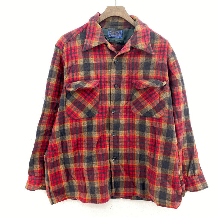 Vintage Pendleton Wool Checked Red Button Up Shirt Size L Looped Collar