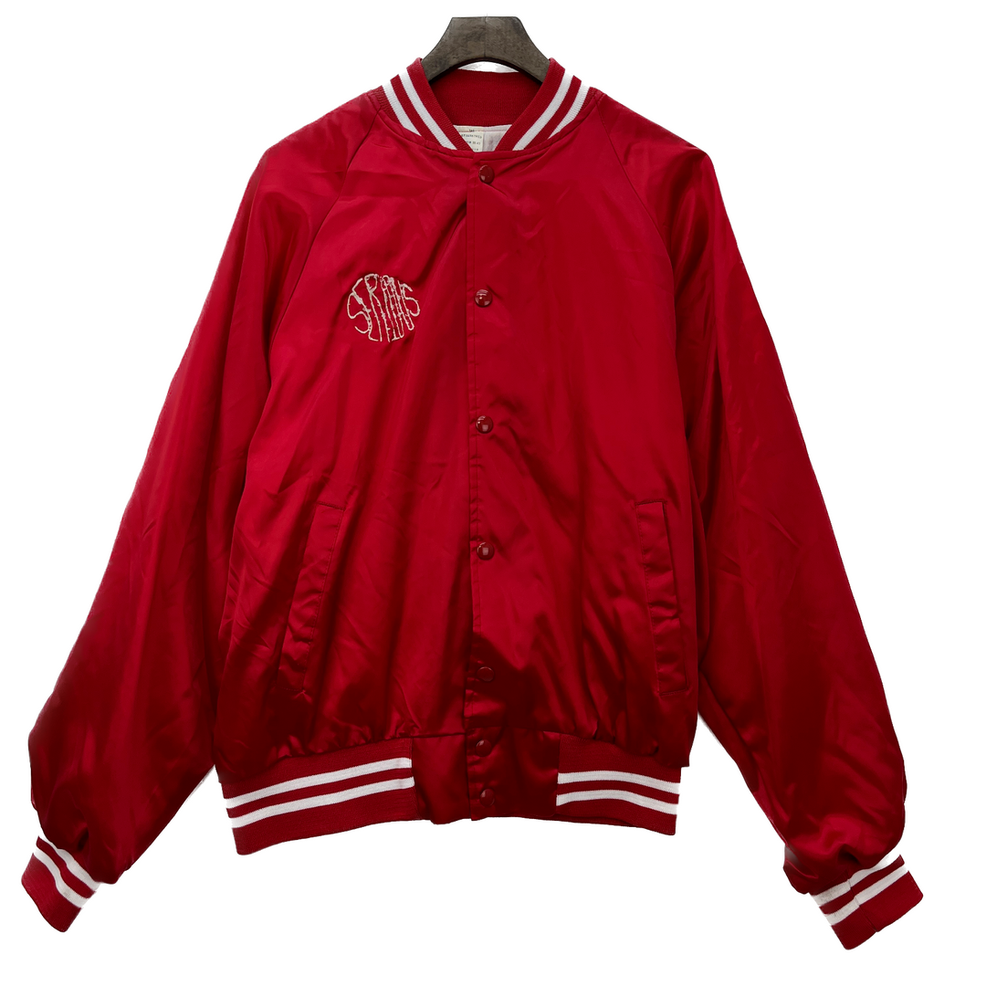 Vintage Satin Bomber Jacket Serious Embroidery Red Size M 80s Snap