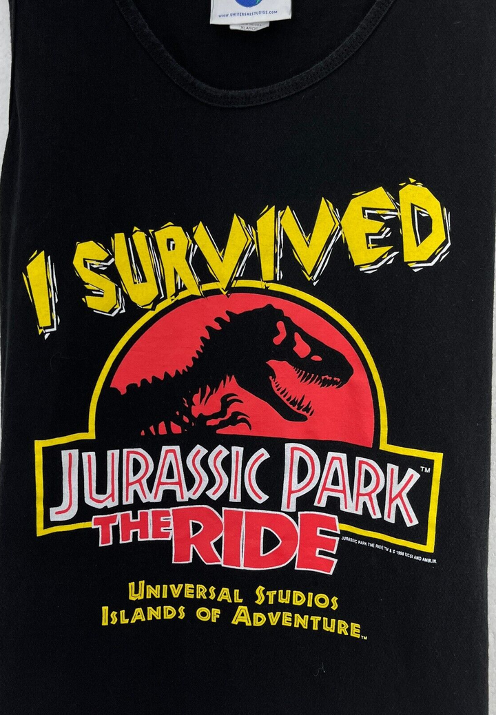Vintage I Survived Jurassic Park 1998 The Ride Black Sleeveless T-shirt Size XL