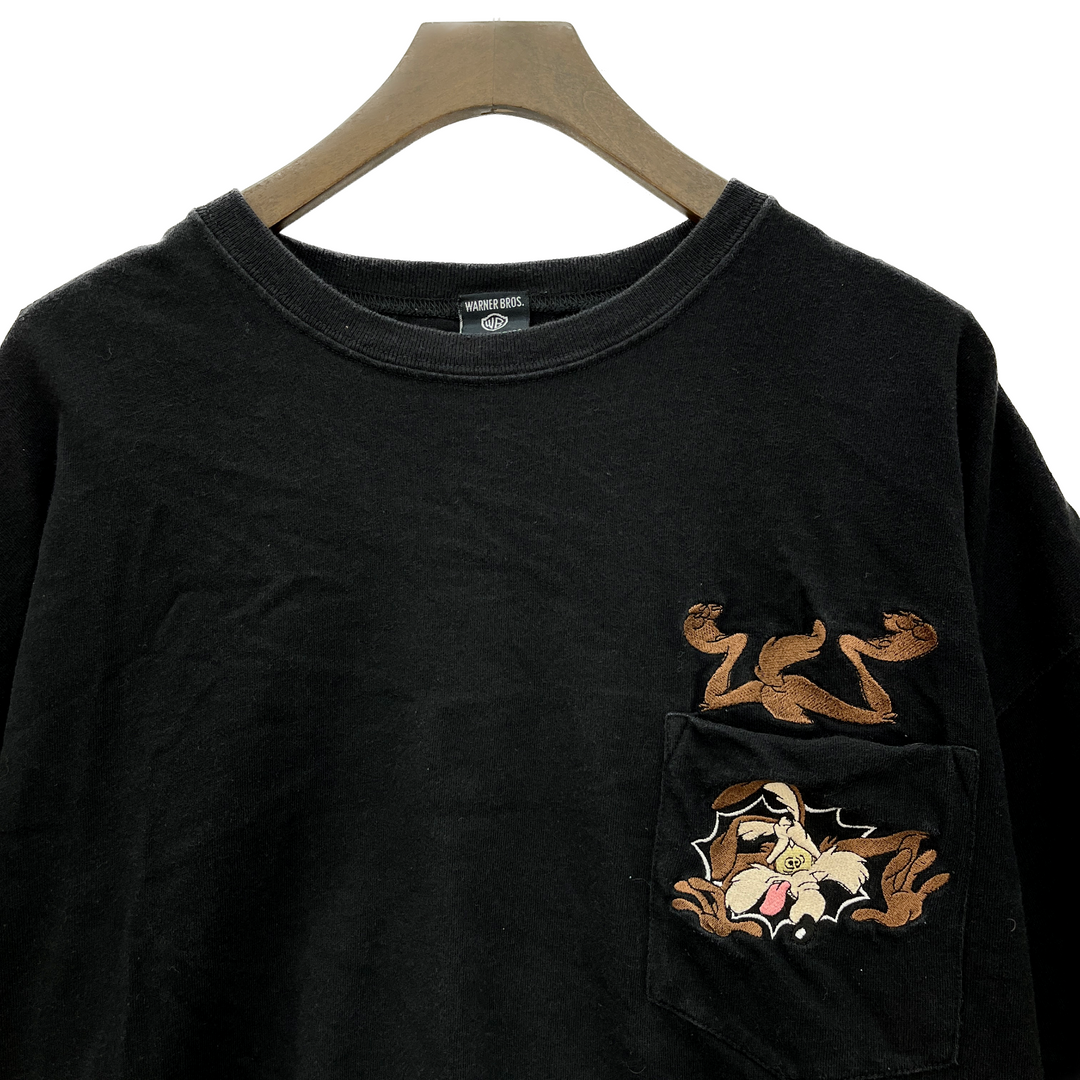 1996 Looney Tunes Wile E Coyote Vintage T-shirt Size XL Black Embroidered Pocket