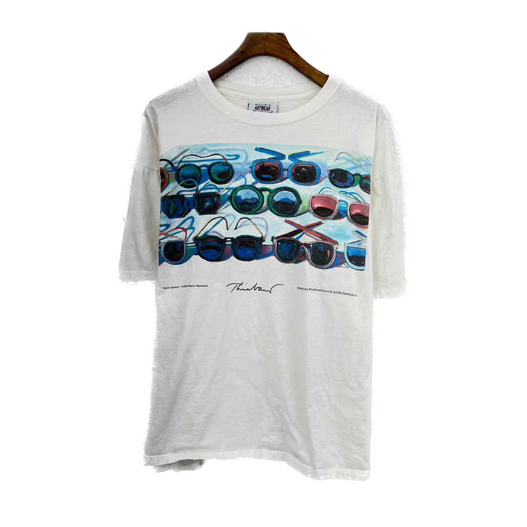 Vintage Wayne Thiebaud 1985 Dark Glasses Graphic Print White T-shirt Size XL