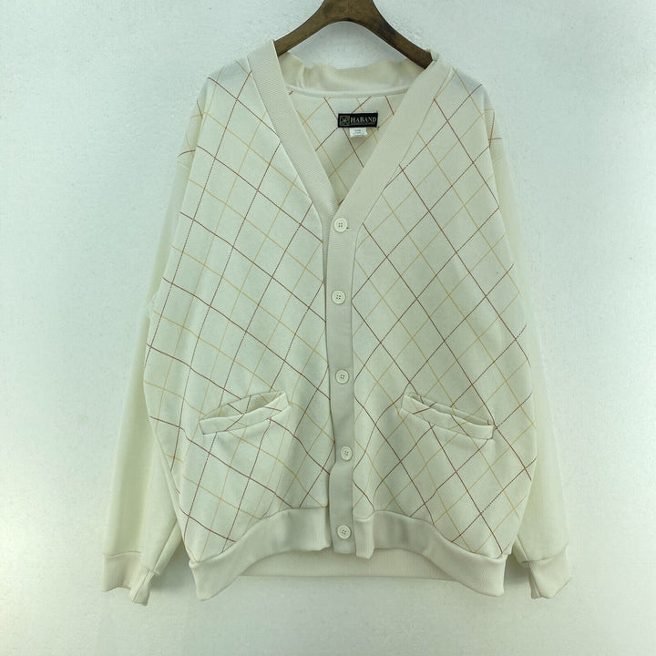 Vintage Cardigan Argyle Pattern White Sweater Size XL