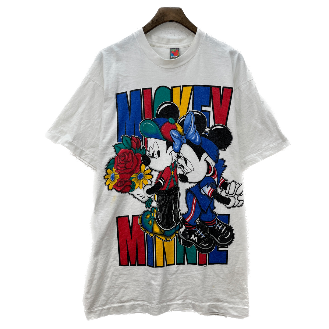 Vintage Mickey Minnie Mouse Flowers Graphic Print White T-shirt Size M