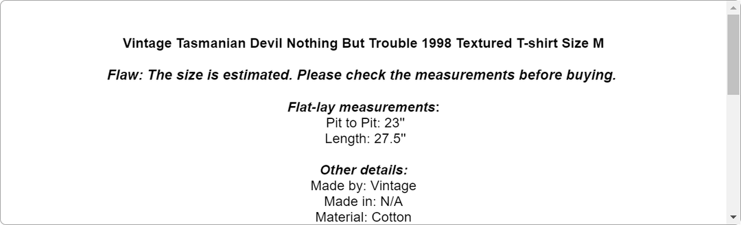Vintage Tasmanian Devil Nothing But Trouble 1998 Textured T-shirt Size M