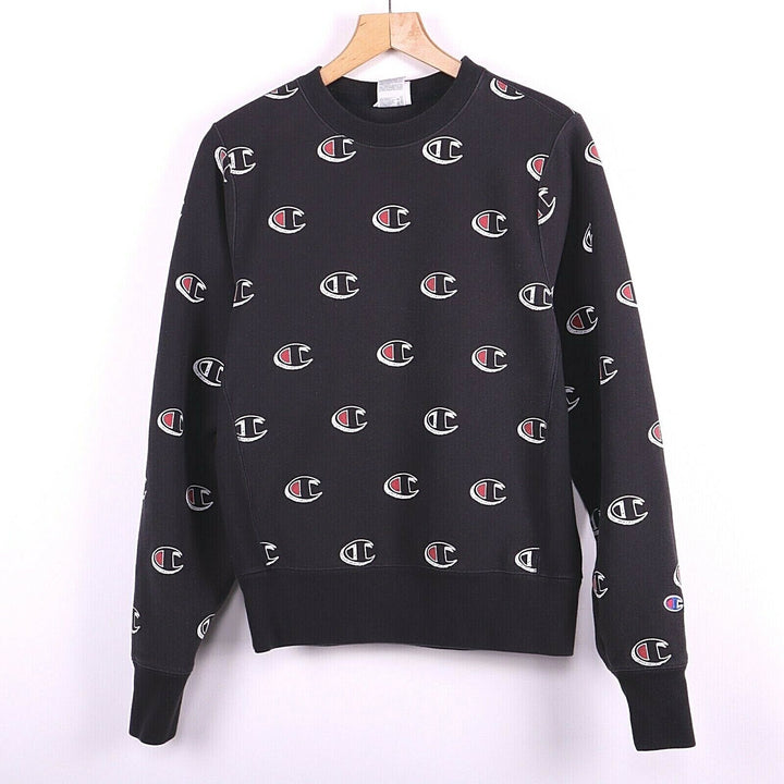 Champion Sweatshirt Pullover Fleece Reverse Weave Black Logos Size S