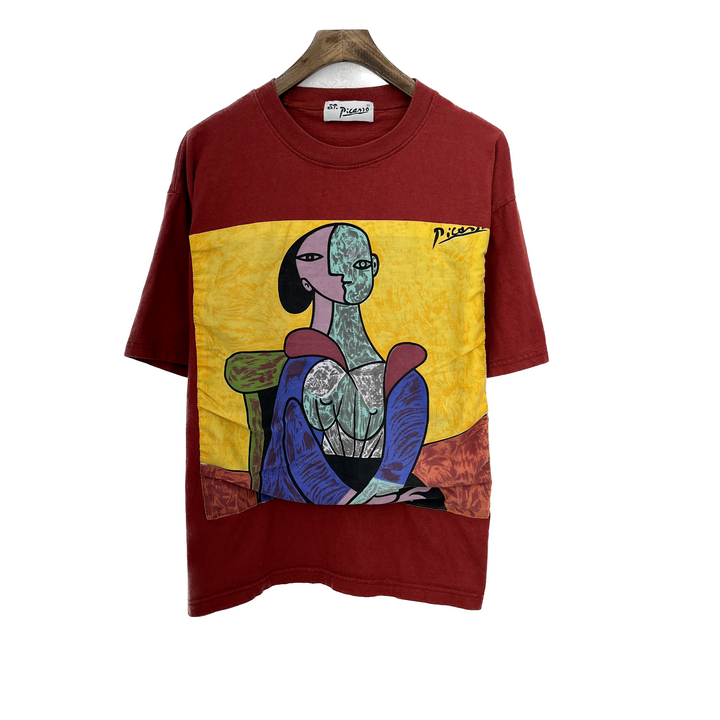 Vintage Picasso Woman In Chair 80s Graphic Art Burgundy T-shirt Size M