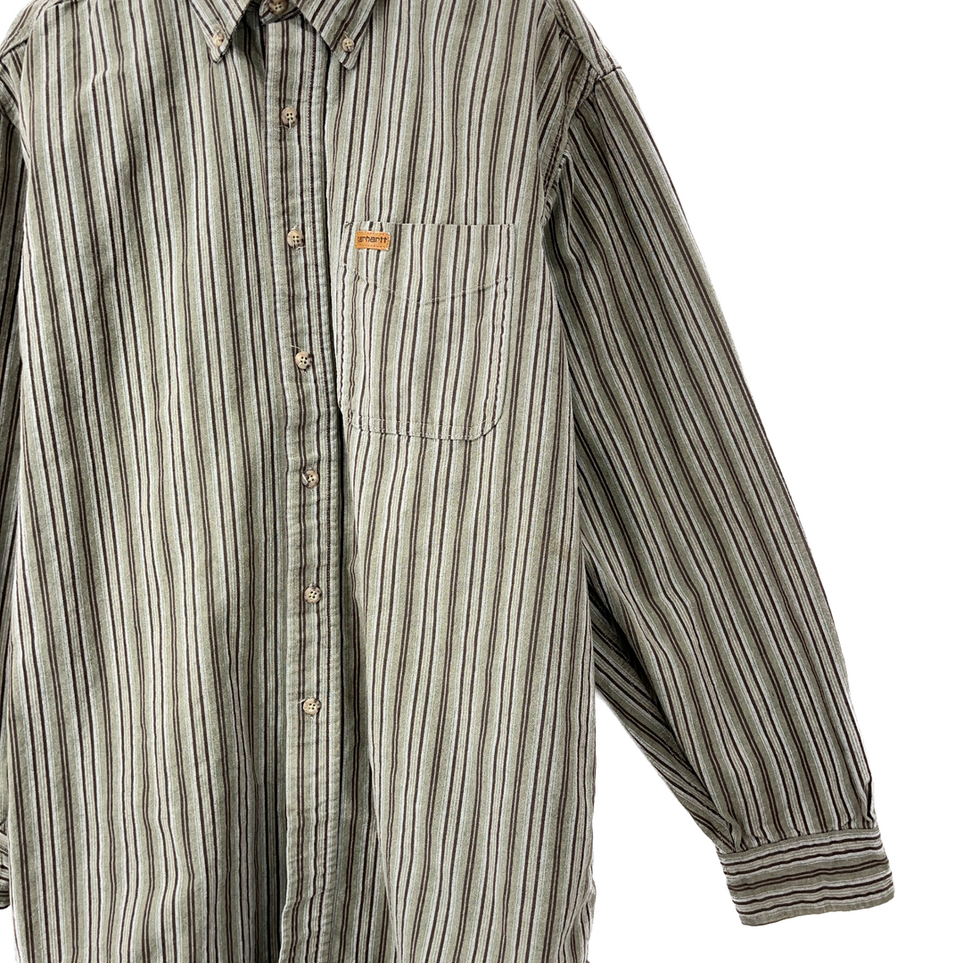 Carharrt Button Down Stripe Single Pocket Workwear Shirt Brown Size XL