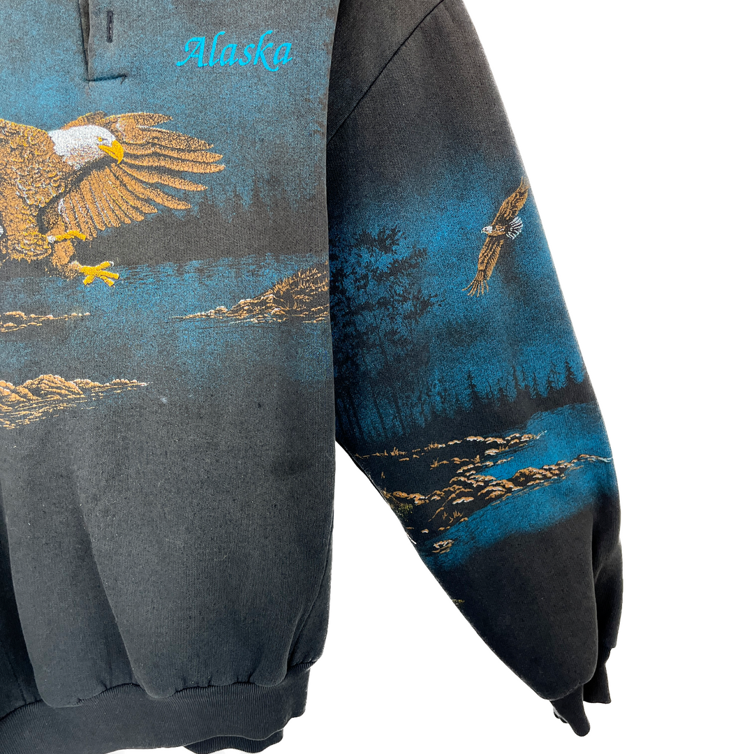 Vintage Alaska Wildlife Eagle Nature All Over Print Black Sweatshirt Size XXL