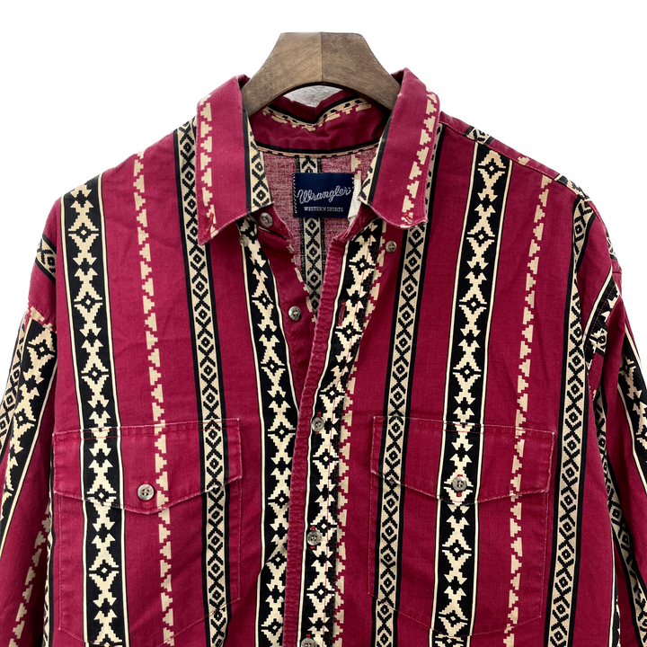 Vintage Wrangler Aztec Print Western Red Button Up Shirt Size L