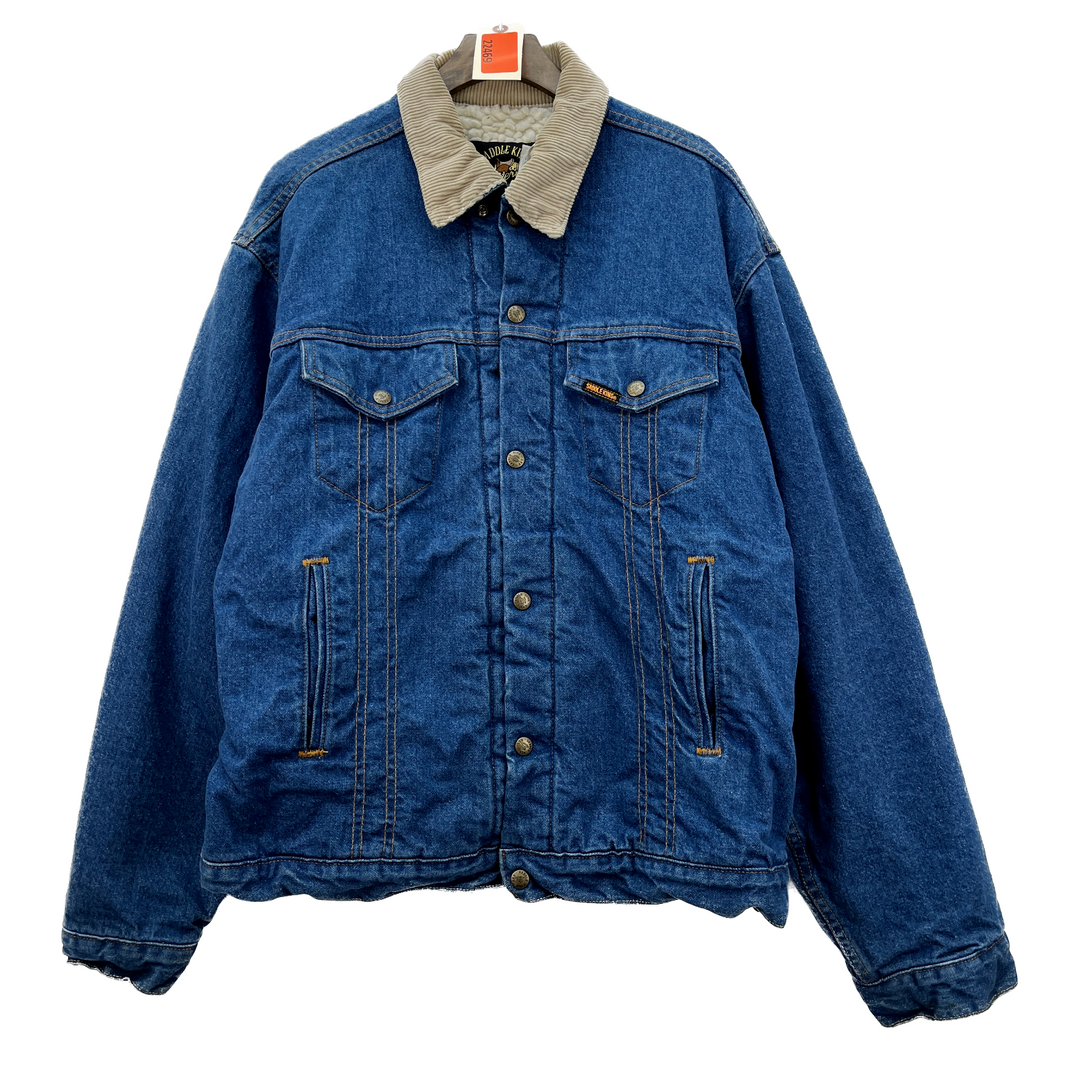 Vintage Corduroy Collar Medium Wash Blue Denim Trucker Jacket Size 46