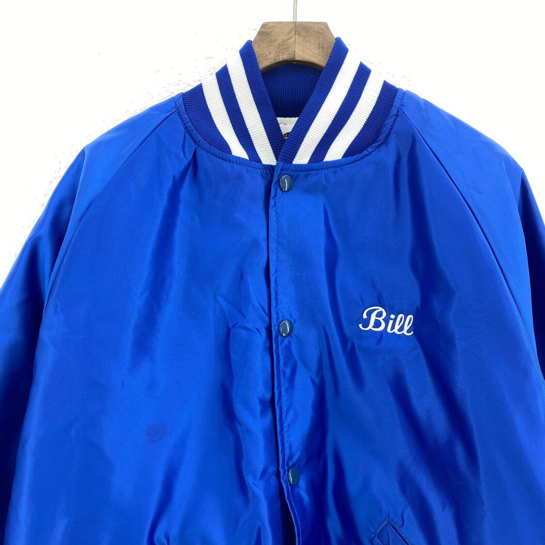 Vintage Kalli's Place Bill Logo Satin Blue Bomber Jacket Size XL Snapped