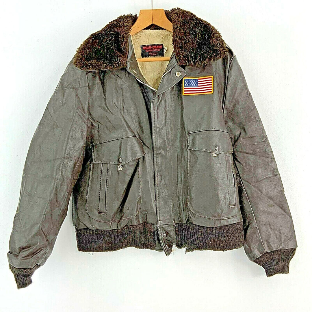 Vintage Flight Aviation 1970s Leather Jacket Brown Sherpa Lined Size 42 USA