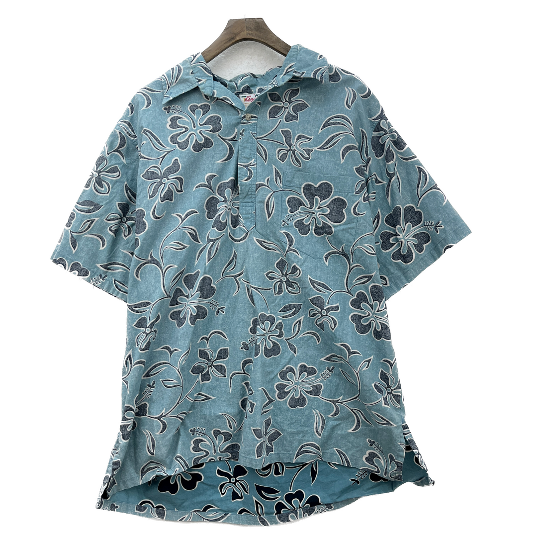 Vintage Blue Pullover Hawaii Shirt Floral All Over Print Size XL