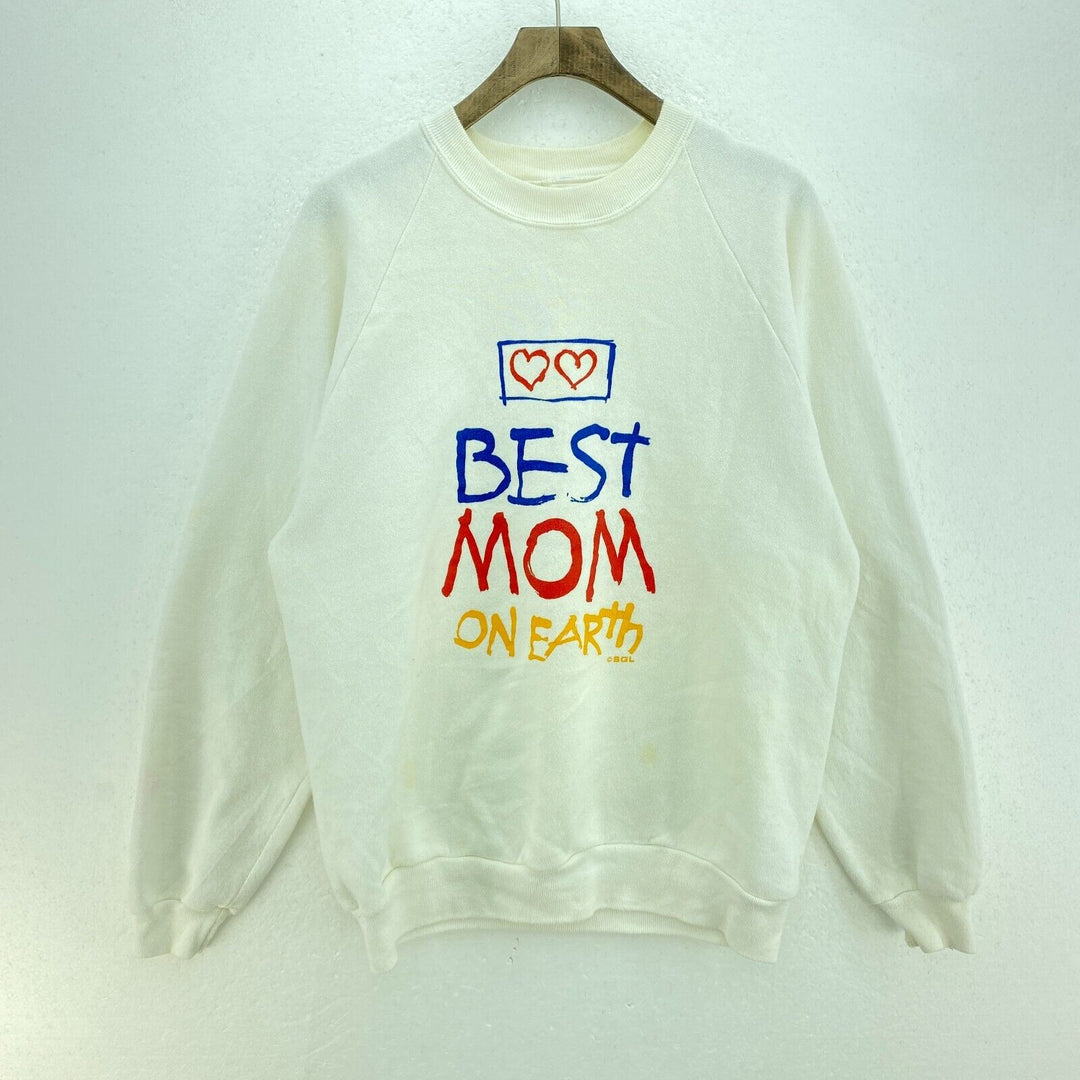 Best Mom On Earth White Vintage Sweatshirt Size L Crewneck Women's