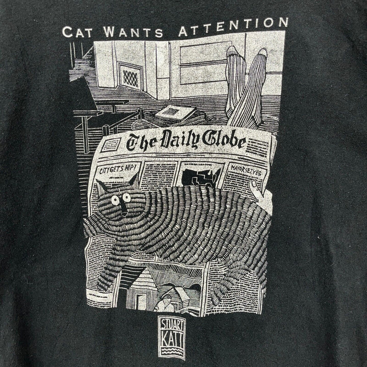 Vintage The Daily Globe Cat Wants Attention Black T-shirt Size XL