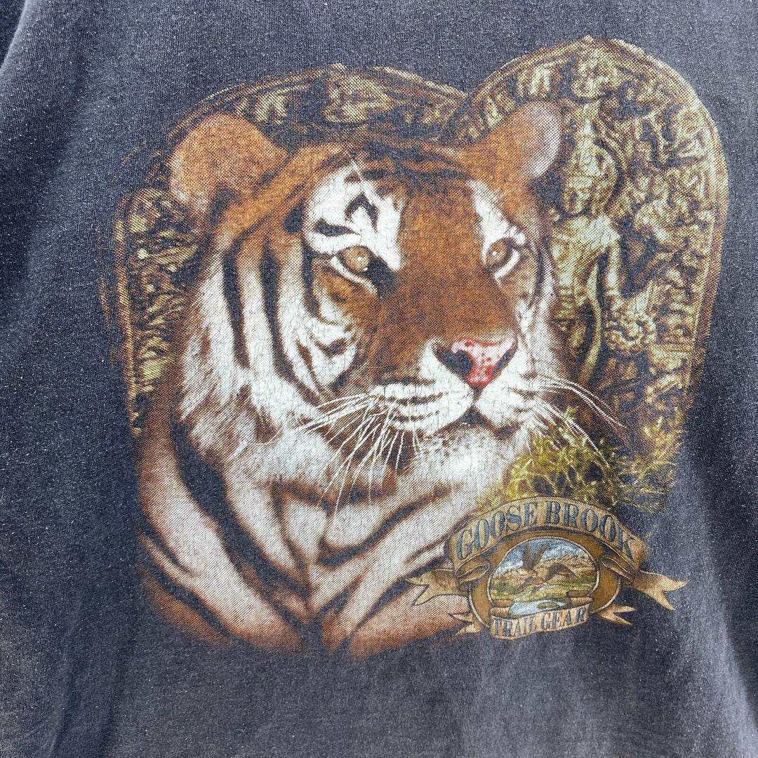 Vintage Goose Brook Trail Gear Tiger Print Black T-shirt Size XL