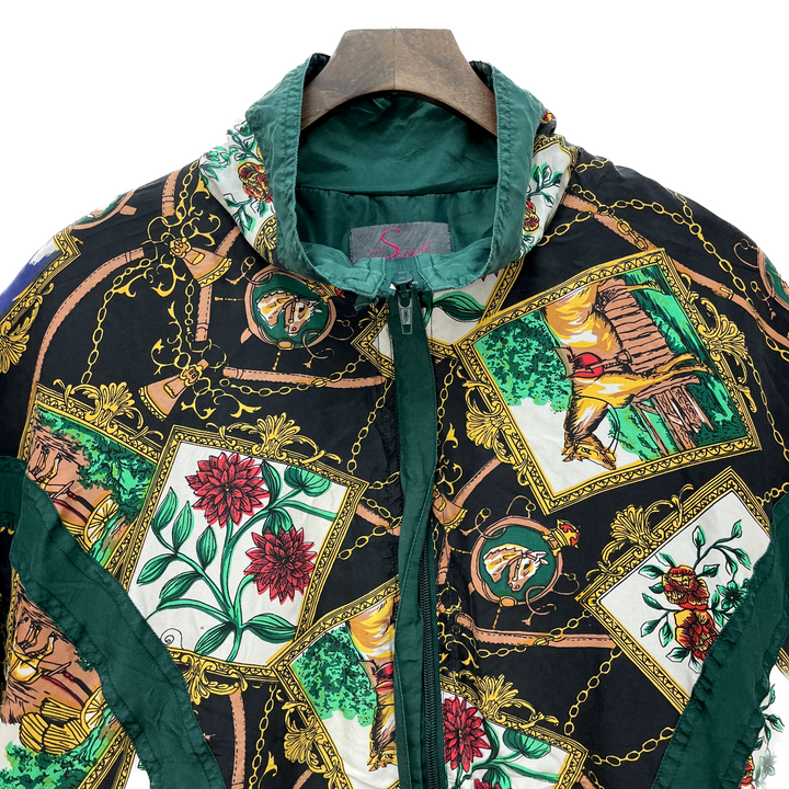 Vintage Floral Frame All Over Print Full Zip Green Silk Bomber Jacket Size S