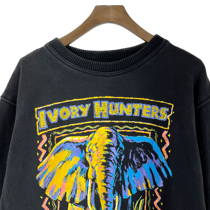Vintage Ivory Hunter Elephant Nature Graphic Video Black Sweatshirt Size XL