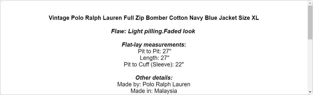 Vintage Polo Ralph Lauren Full Zip Bomber Cotton Navy Blue Jacket Size XL