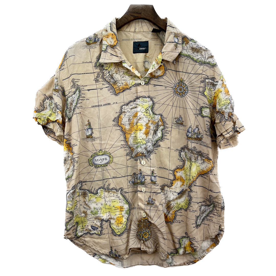 Vintage Button Up Map All Over Print Beige Shirt Size S