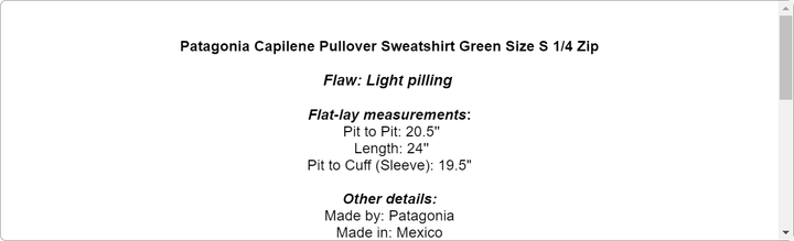 Patagonia Capilene Pullover Sweatshirt Green Size S 1/4 Zip