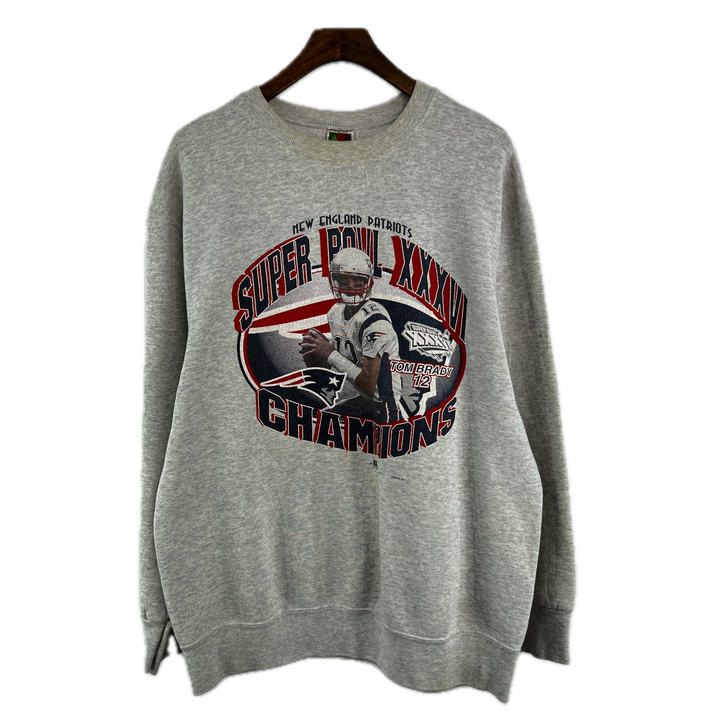 Vintage 2002 New England Patriots Tom Brady Super Bowl Champion Sweatshirt Size L Gray