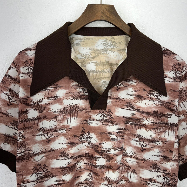 Vintage All Over Print Collared Brown T-shirt Size S